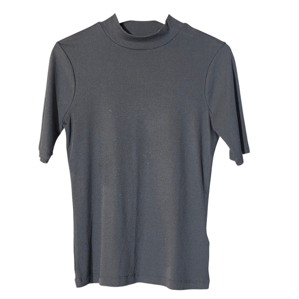 Madewell Mock Neck Ribbed Elbow Sleeve Top Black Small Womens Minimalist Career